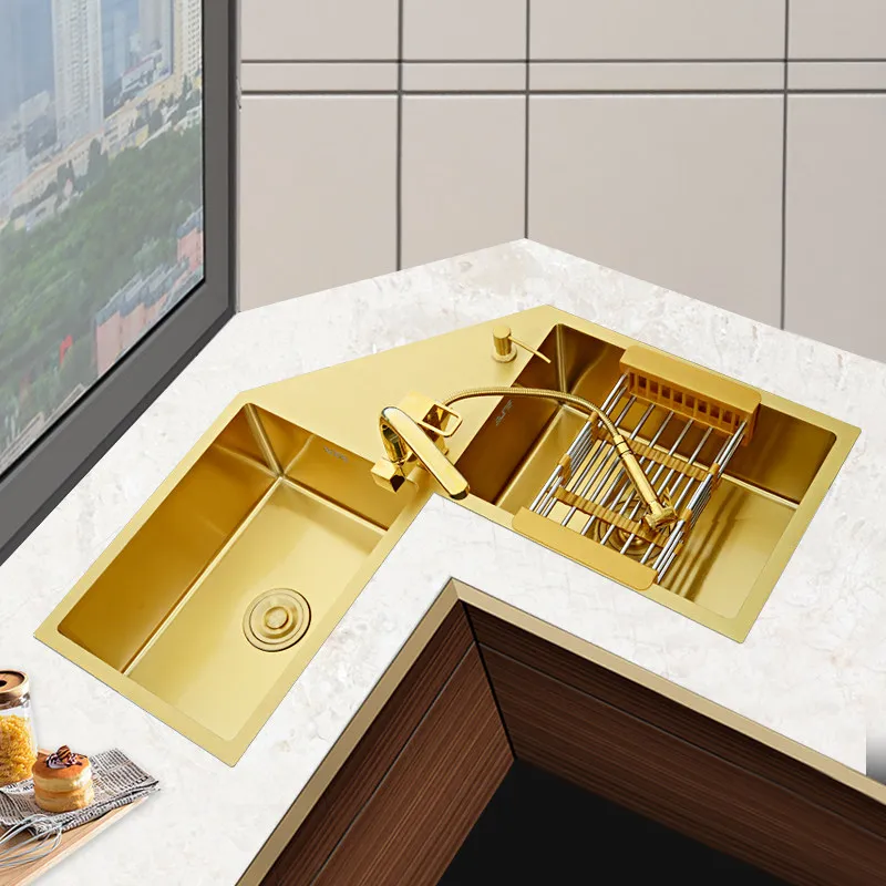 Large double slot kitchen vegetable sink golden corner special-shaped hand dishwasher stainless steel