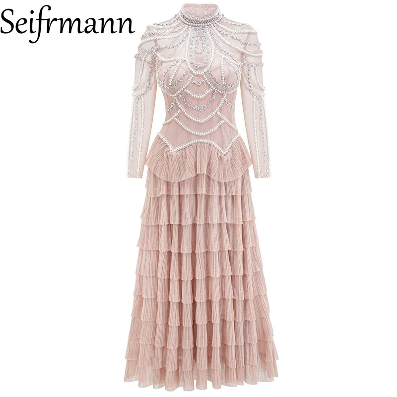 Seifrmann Stitched Beaded Ruffle Dress Stand Collar Long Sleeve Waist Long Dress 2026 Autumn Fashion Women's New Style