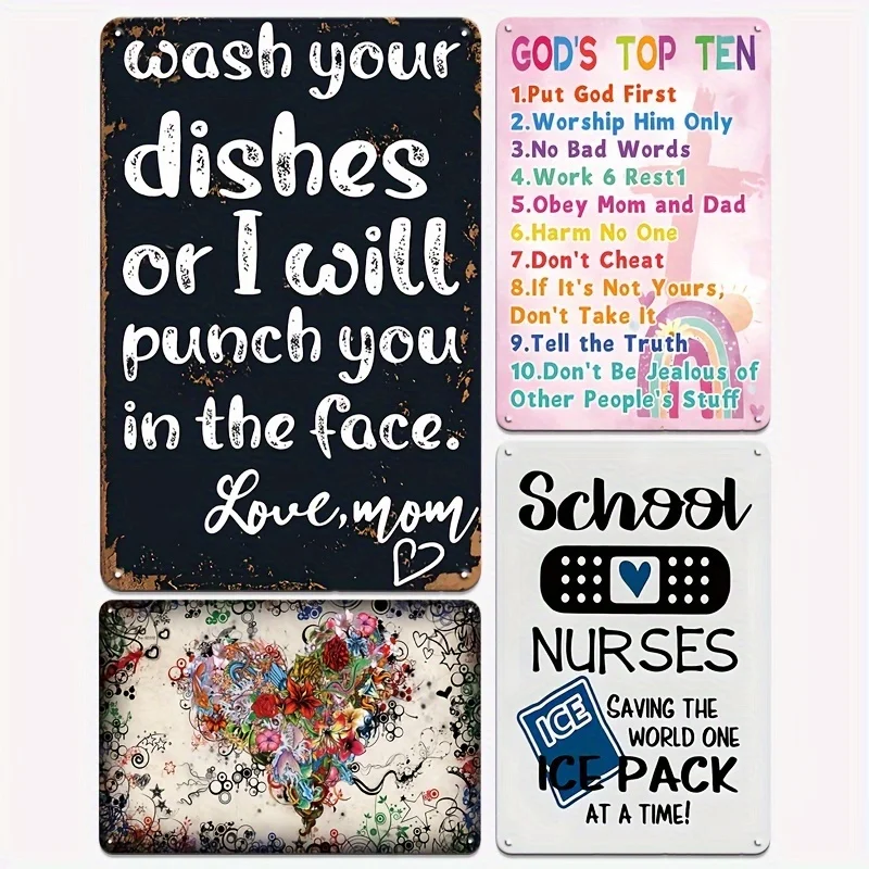 4Pcs Set, Suitable For Home, Kitchen, School, Nurse Station Decoration - Retro Metal Sign Plaque, With Nostalgic Hollow Wall Art