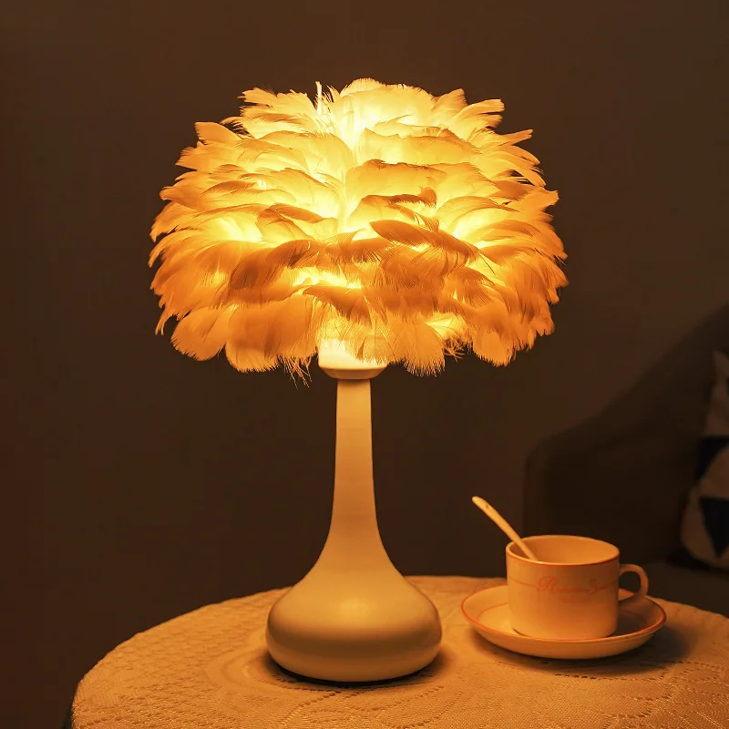 Modern Feather Table Lamp, Creative Bedside Night Light for Bedroom Nightstand, Soft Warm Romantic Decor Accent Lamp