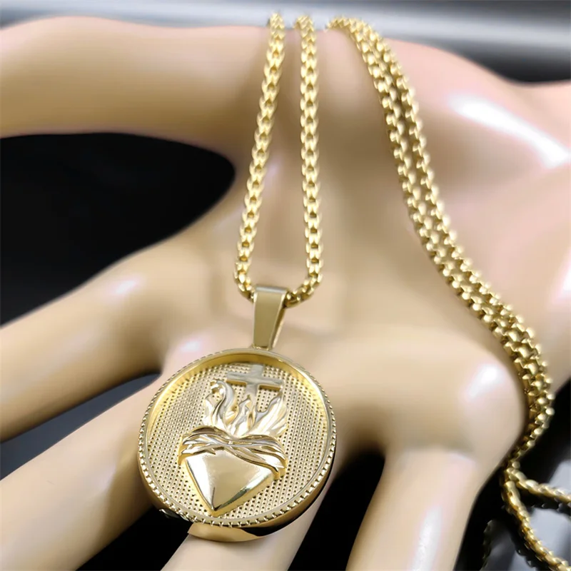 Vintage Christian Sacred Heart of Jesus Cross Necklace for Women/Men Stainless Steel Gold Color Catholic Chain Jewelry NZZ465S02