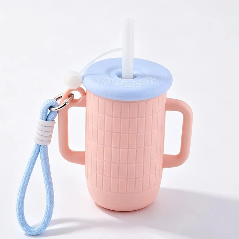Silicone Drinking Cup Macaron Color With Straw Lid Carry Strap Handle Anti-drop Children Water Mug Outdoor Home Milk Juice Cup