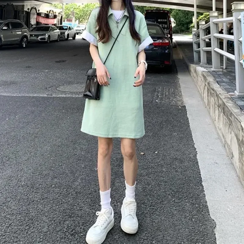 Japanese Style Mint Green Dress Sensibility Niche Wafl Check Loose Fit Straight Leg Skirt Polo Collar Age-reducing Dress