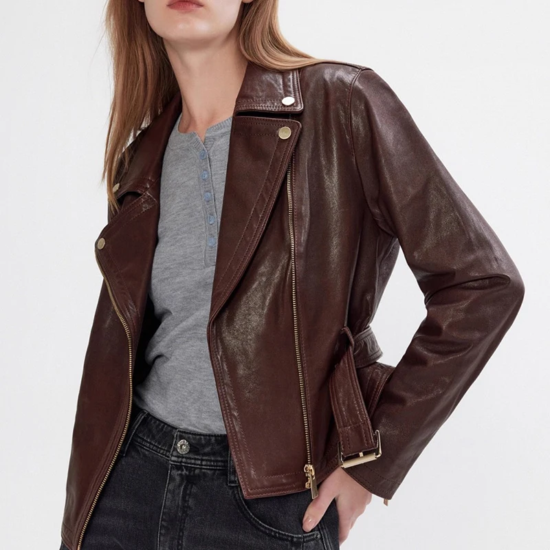 Veste en cuir véritable pour femme automne plante tannée peau de mouton noir/Cacao Moto Biker fermeture éclair mode sens ceinture mince Chaquetas