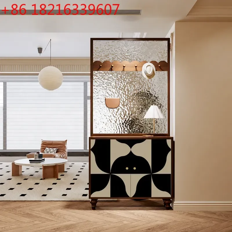 YAORetro Geometric Solid Wood Entryway Cabinet with Water Pattern Glass Door Living Room Storage Shoe Rack Screen Partition
