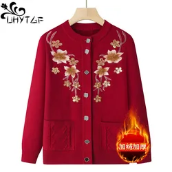 Autumn Winter Warm Sweater Jacket Women's Print Middle- Aged MoM Knitted Cardigan Grandma Plus Velvet Knitwear Coat Female 2915