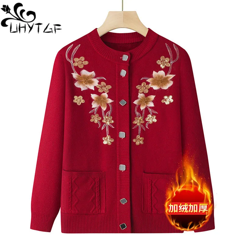 Autumn Winter Warm Sweater Jacket Women's Print Middle- Aged MoM Knitted Cardigan Grandma Plus Velvet Knitwear Coat Female 2915