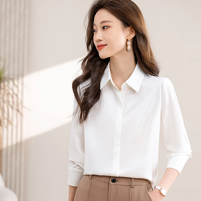 Chemises en Satin simples pour femmes, couleur unie, manches longues, chemisier formel de bureau, hauts décontractés, vêtements à la mode pour femmes, nouvelle collection 2025