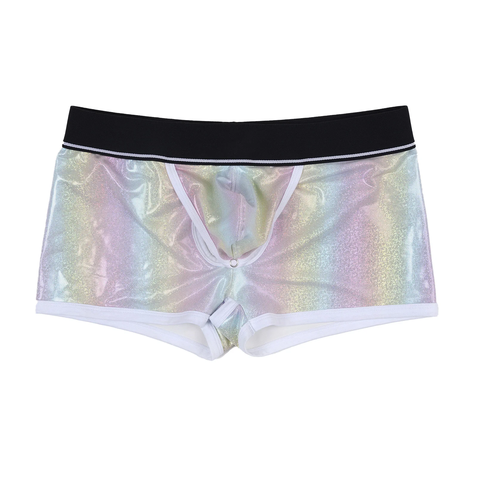 Herren-Dessous: Glänzende Metallic-Boxershorts mit integriertem Silikonring, tief sitzend, mit Cutout-Pouch, Unterwäsche für Rave & Nachtclub-Kostüme – Detail 5