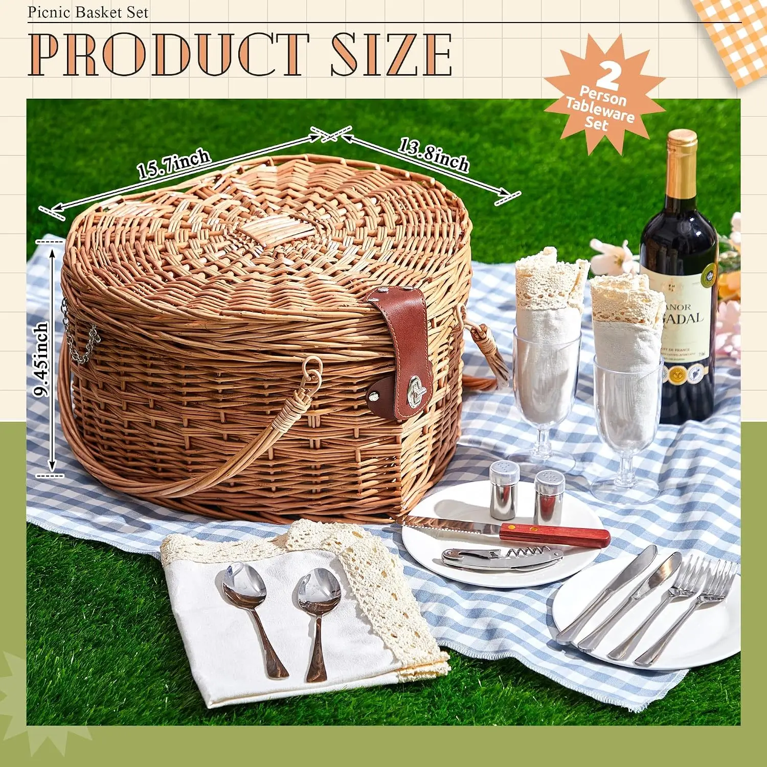 Wicker Heart Picnic Basket with 2-Person Tableware Set, Antique White Couple Gift for Outdoor Camping, Beach, Wedding, Party, Birthday