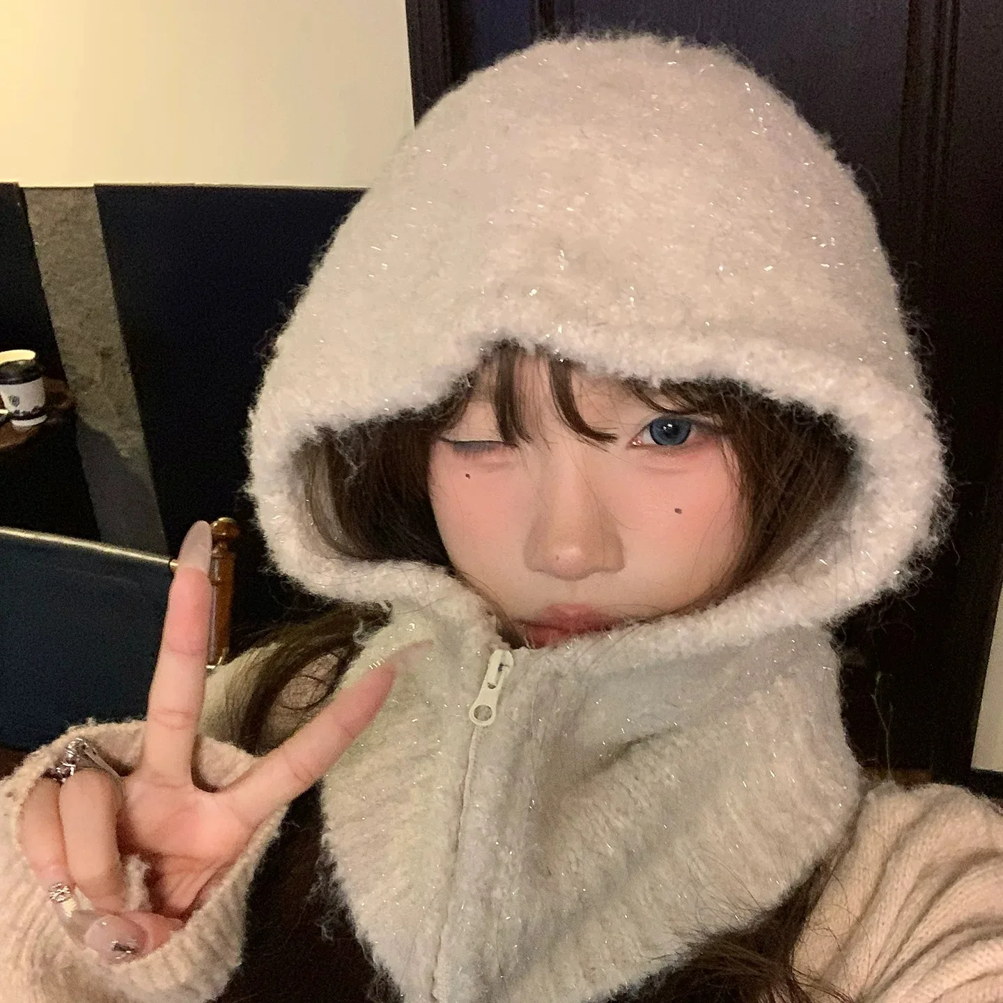 Winter Women Zipper Simple Balaclava Hat Warm Solid Color Cold Resistant Hat Outdoor Scarf Hat Integrated Knit Cap