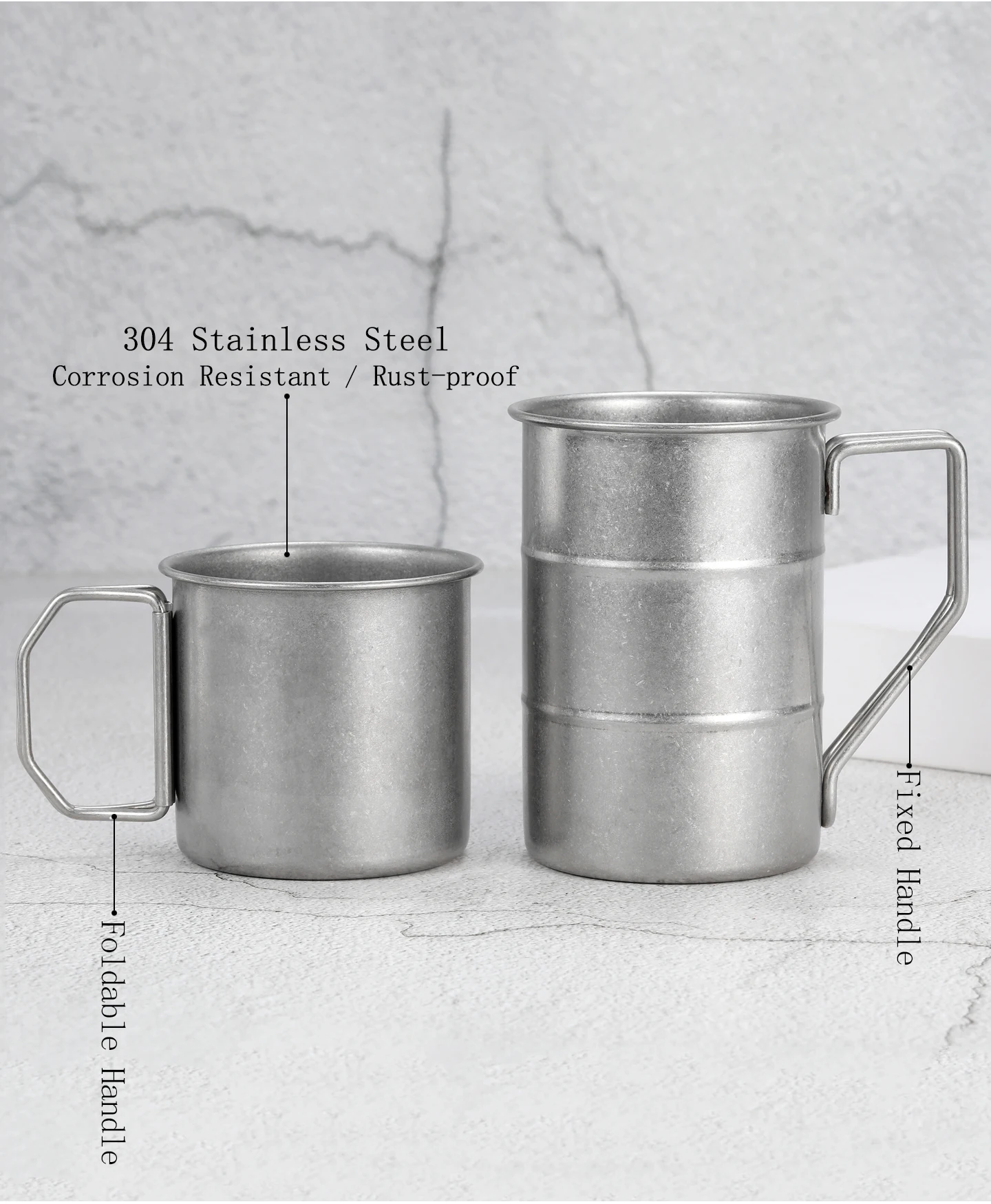 304 Edelstahl Wasserbecher mit Griff Individuelles Logo Text Retro Antik Silber Koreanischer Stil Kaffeebecher Outdoor Camping Geschenk – Detail 7
