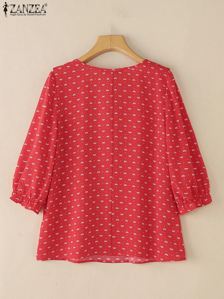 Zanzea babados guarnição blusas mulher moda o pescoço 3/4 puff manga arco estampas blusas mujer 2025 verão casual chemise femme