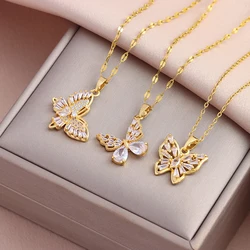 New In Sparkly Zircon Crystal Butterfly Pendant Necklaces For Women Fashion Light Luxury Gold Color Stainless Steel Neck Chain