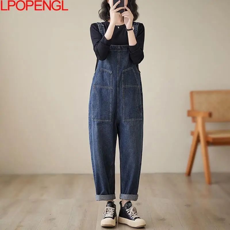 2023 New Vintage Loose Denim Jumpsuit Women Autumn Streetwear Pockets Cargo Baggy Pants Wide Leg Straps Jeans Ladies Overalls