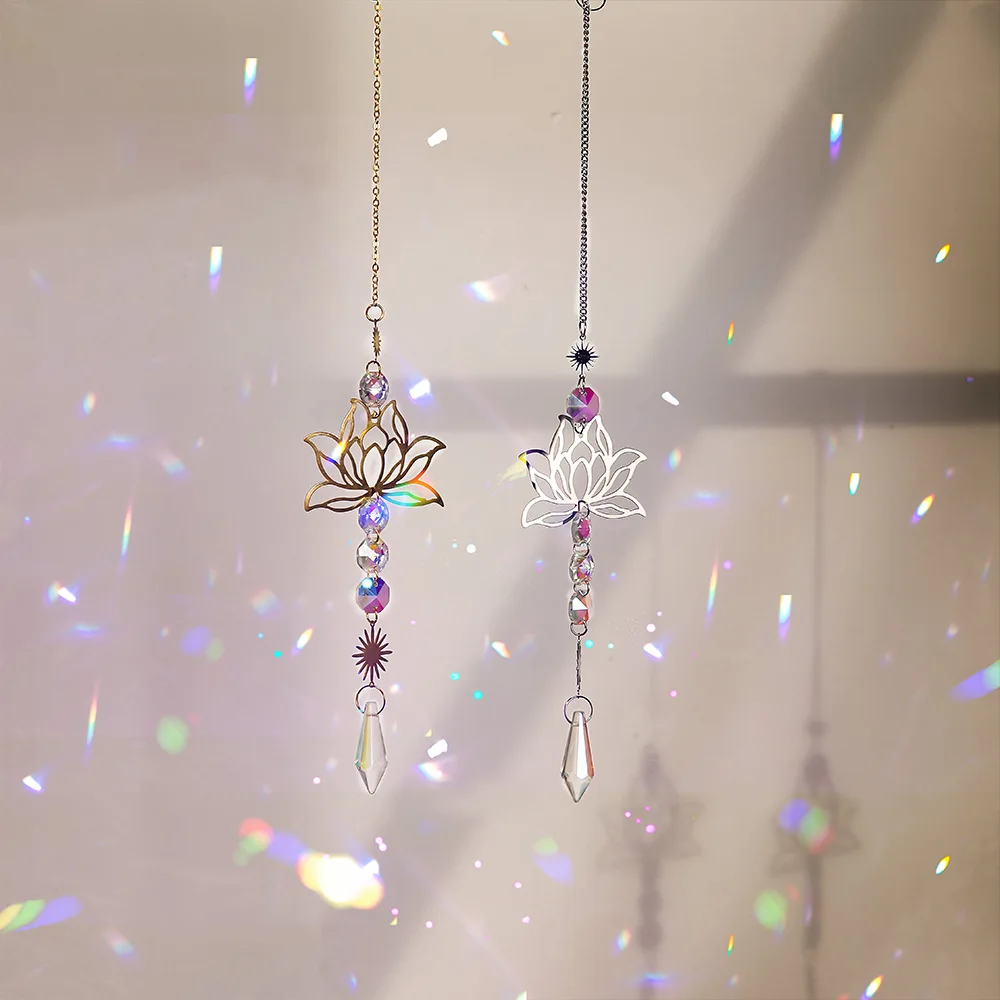 E9 Suncatchers Lotus Pendant Crystal Prism Window Wind Chimes Hanging Rainbow Maker Amulet Garden Decor Car View Mirror Charms