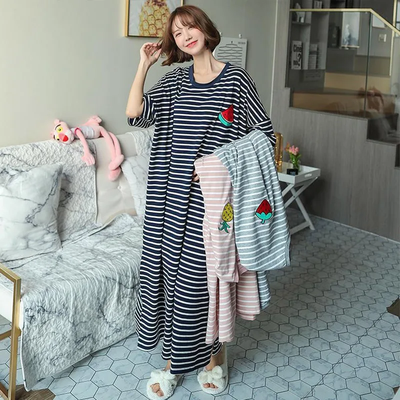 

Summer Pajama Dress Female Short-Sleeved Cartoon Homewear Lengthened Plus Size Striped Student Pajamas Easy To Wash Long Clothes