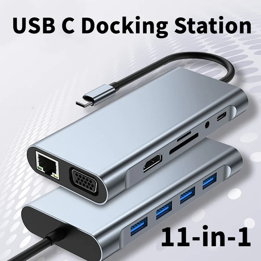 

USB C Docking Station with 4K UHD+VGA+PD+USB+RJ45 100Mbps Ethernet+SD/TF Card Reader+3.5Mm AUX 11in1 Hub for Macbook Pro/Air