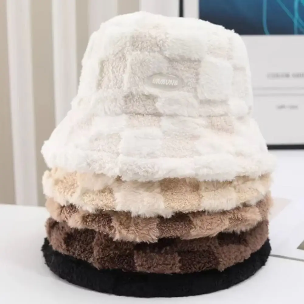 Plaid Checkered Women Bucket Hat Faux Fur Adjustable Checkered Basin Hat Warm Thicken Lamb Wool Fisherman's Hat