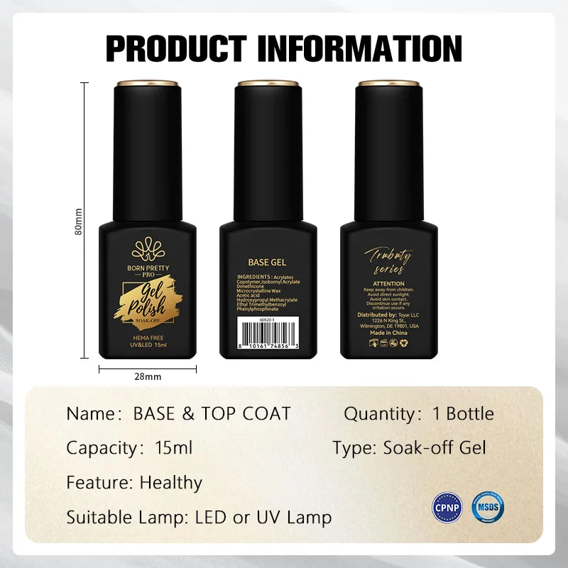 BORN PRETTY PRO Hema Base libera Gel Top Coat Smalto Super Top Coat Rinforzo Saok Off Gel UV Nail Art Smalto