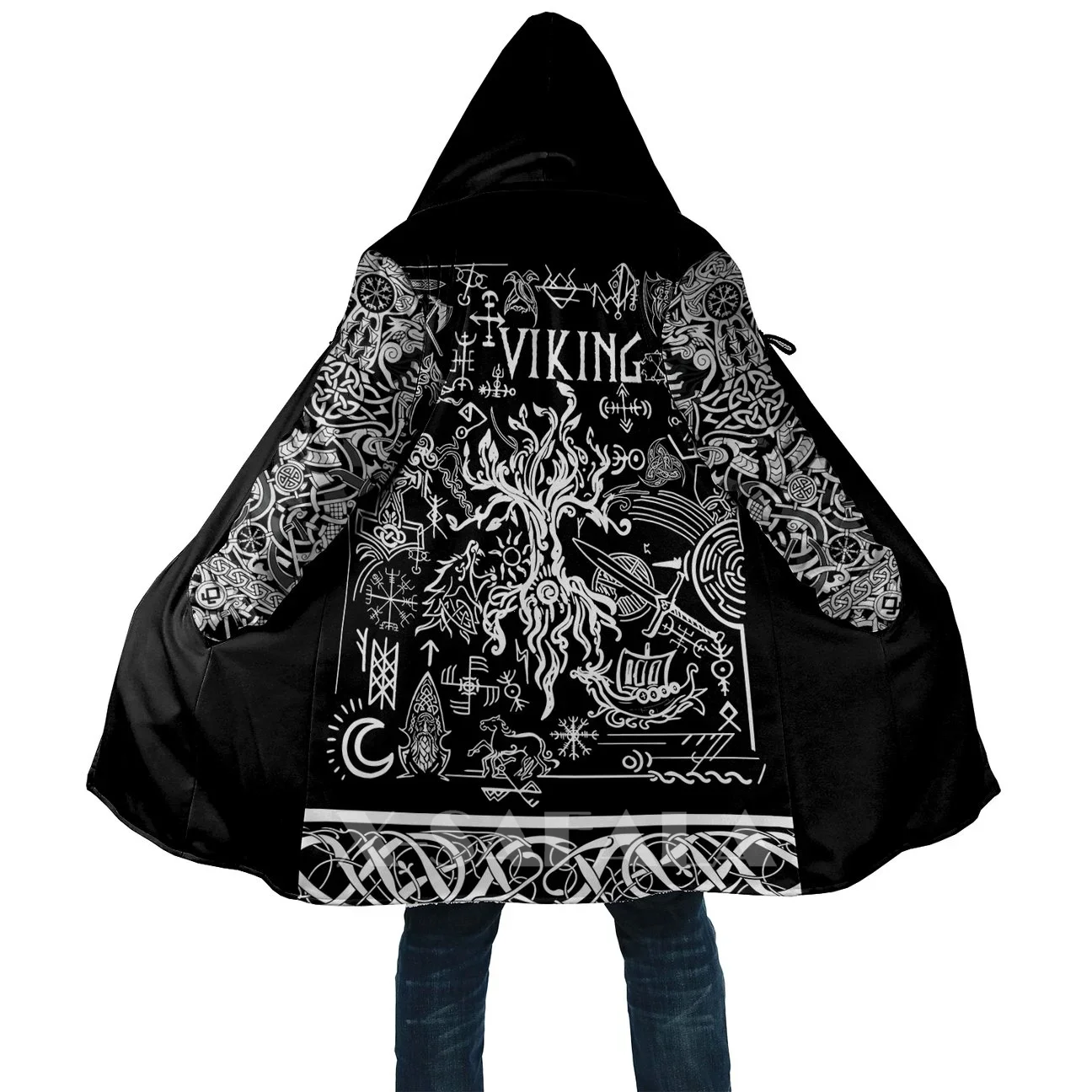 

Viking Style Wolf And RaveTattoo 3D Printed Duffle Pullovers Coat Overcoat Thick Warm Hooded Cloak Coat for MenTopcoat Windproof