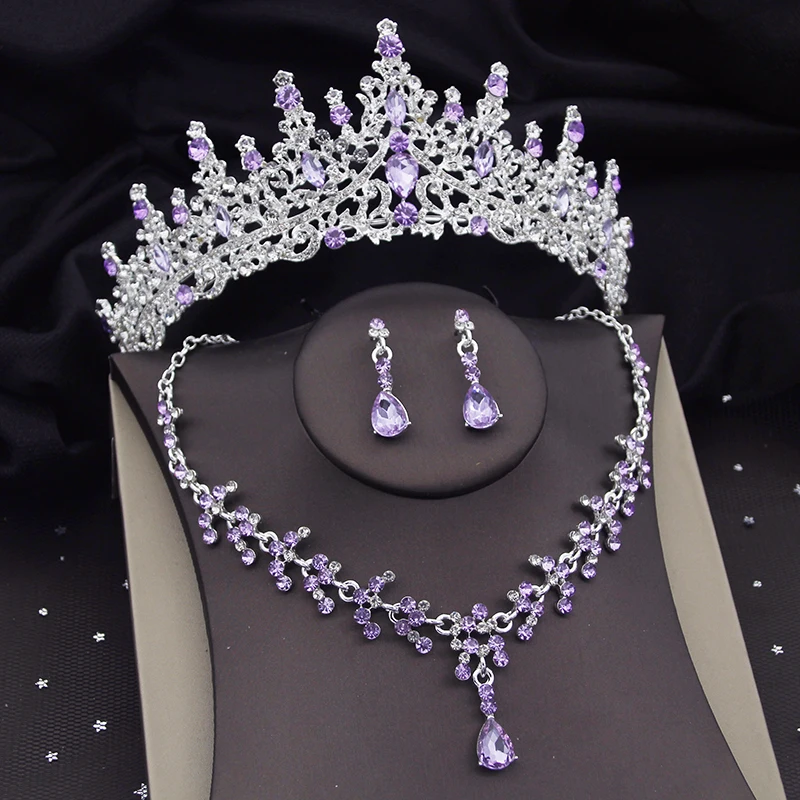 

Gorgeous Violets Crystal Bridal Jewelry Sets for Women Tiaras Crown Bride Earrings Necklace Wedding Jewelry Set Accessories