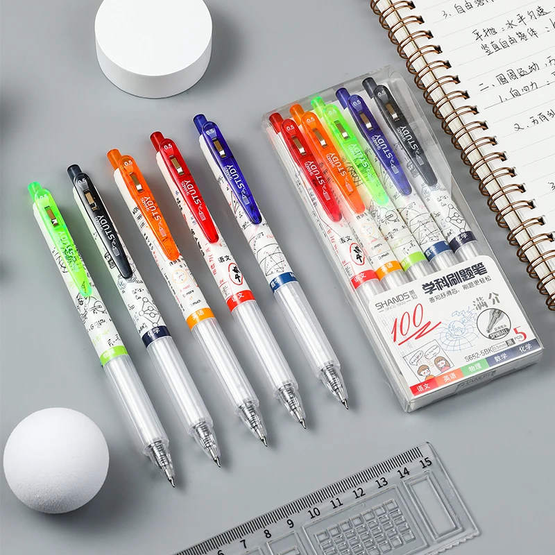 

5-Piece Set, Retractable Ballpoint Pens, Subjects Series,Gel Ink Pen 0.5mm For Students Gift