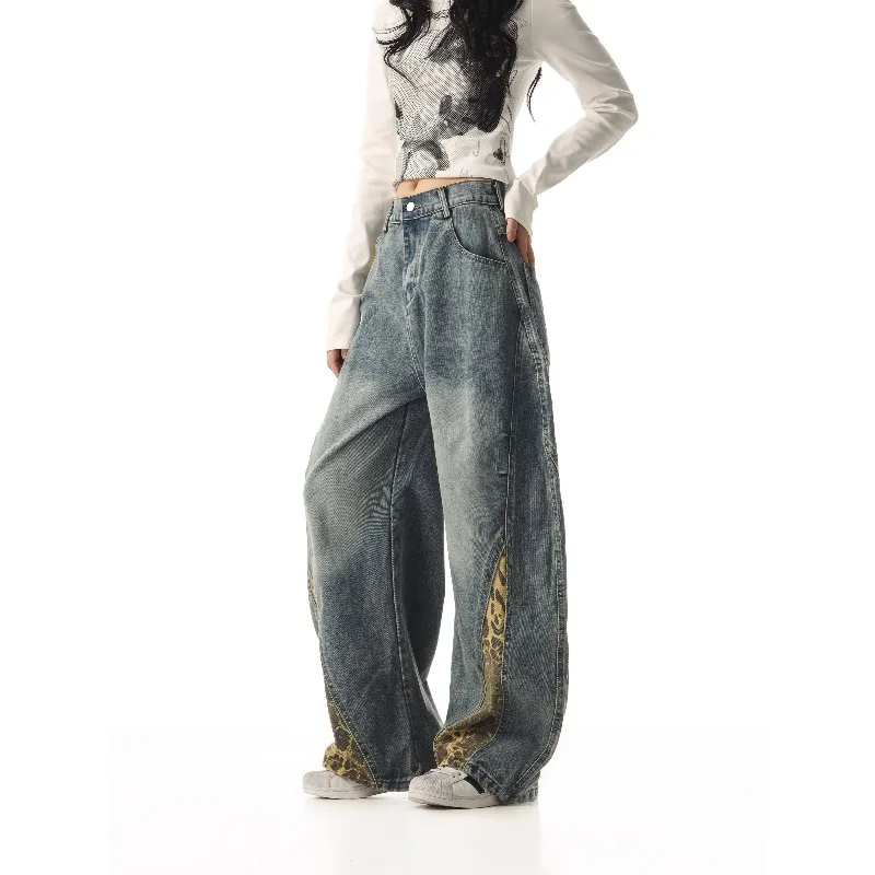 New Women's Retro Leopard Print Splicing Scimitar Jeans Spring Autumn Loose Straight Wide-leg Pants Female Casual Denim Trousers