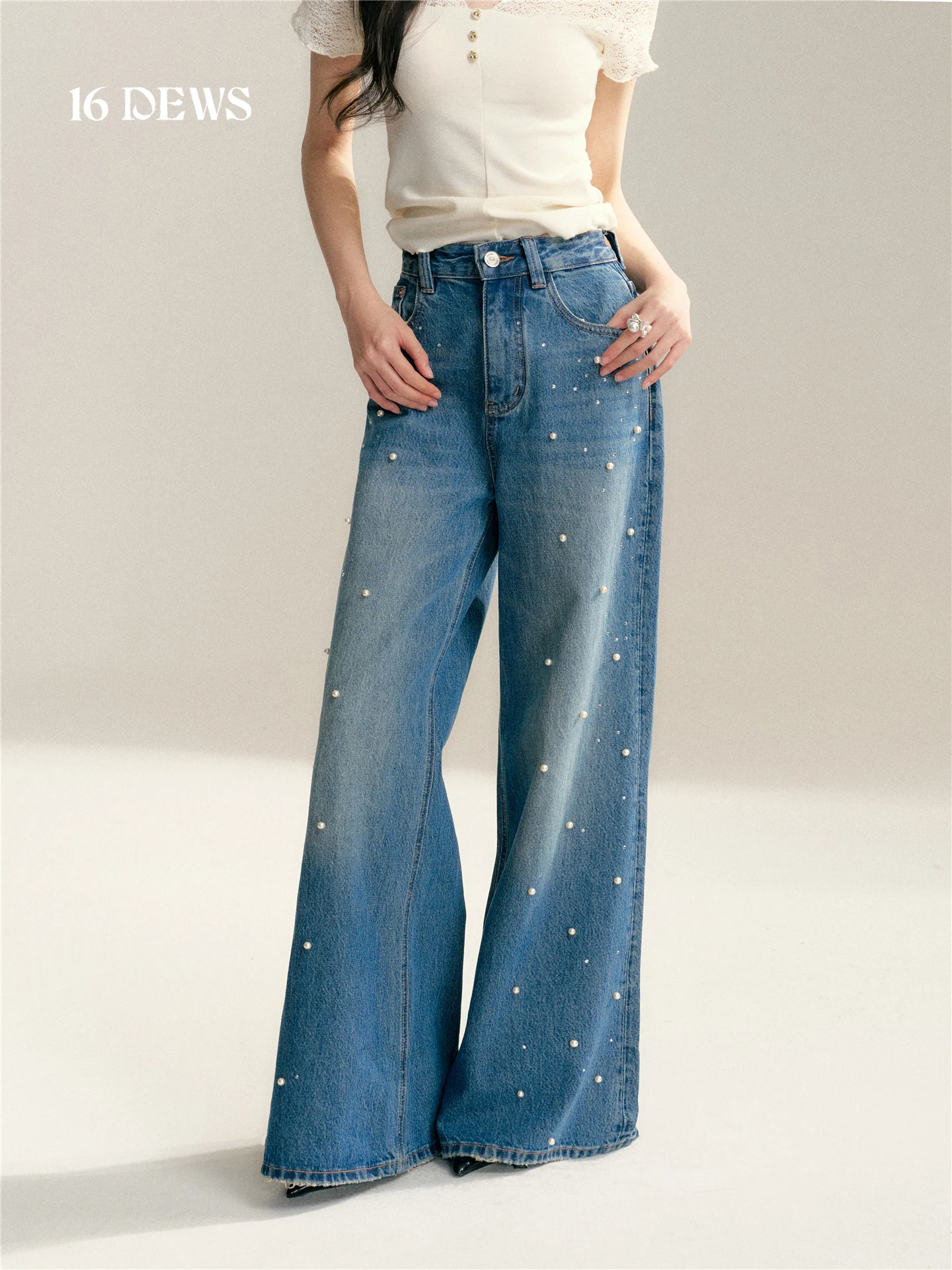 

Elegant High Waist Wide Leg Pants Pure Cotton Pearl Rhinestone Loose Fit Women's Jeans Stylish Slimming Trousers by 16DEWS