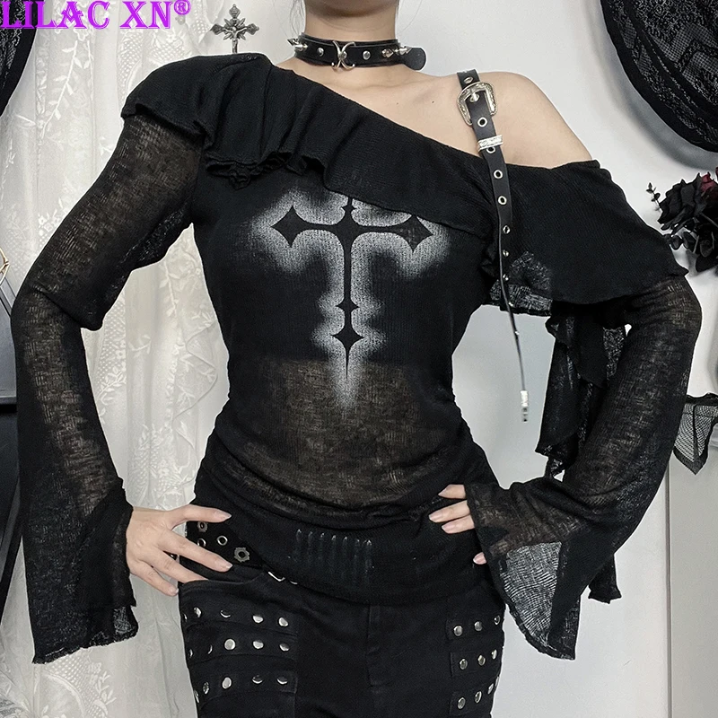 

Lilac XN Y2K Goth Black Cross Print Flared Sleeve T-Shirts Vintage Sexy Off-Shoulder Ruffle New Fashion Women Autumn Tops Tees