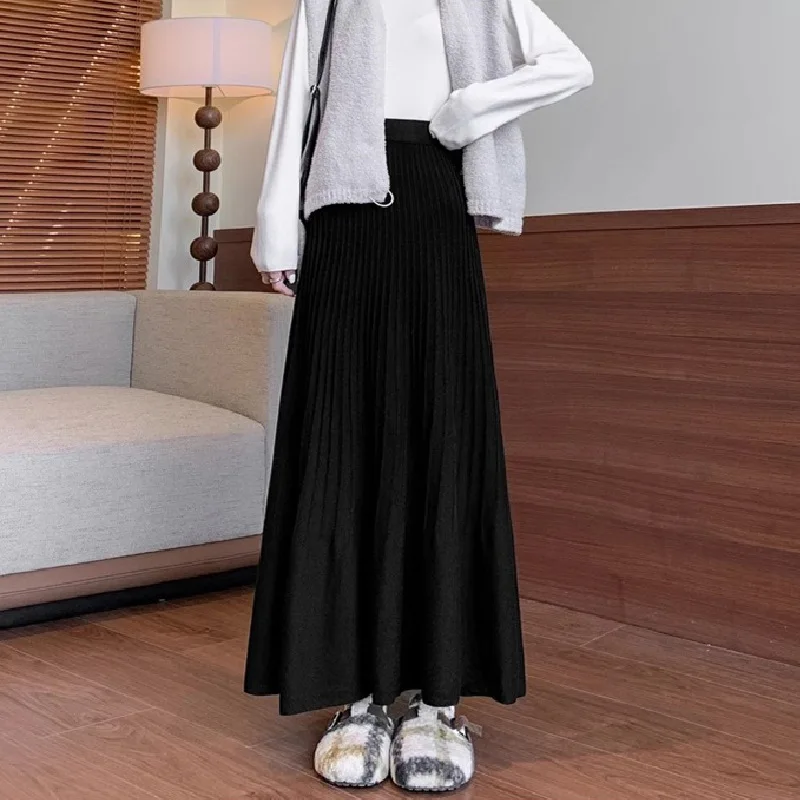 الخريف الشتاء محبوك مطوي ميدي تنورة للنساء كبيرة تنحنح أسفل مطوي ألف خط التنانير الطويلة تريكو