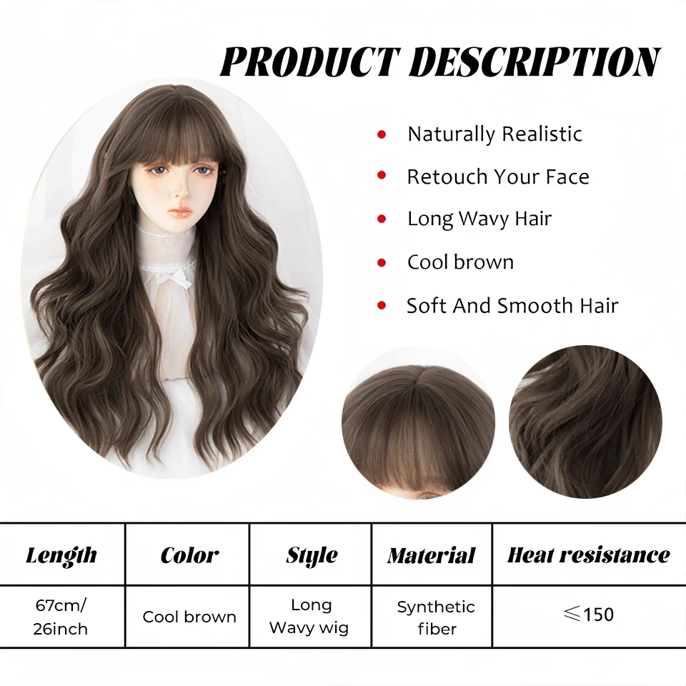 Long Curly Hair Women Wig with Bangs Daily Brown Black Pink Lolita Cosplay Braided Wigs Heat Resistant Fiber Party Fake Hair