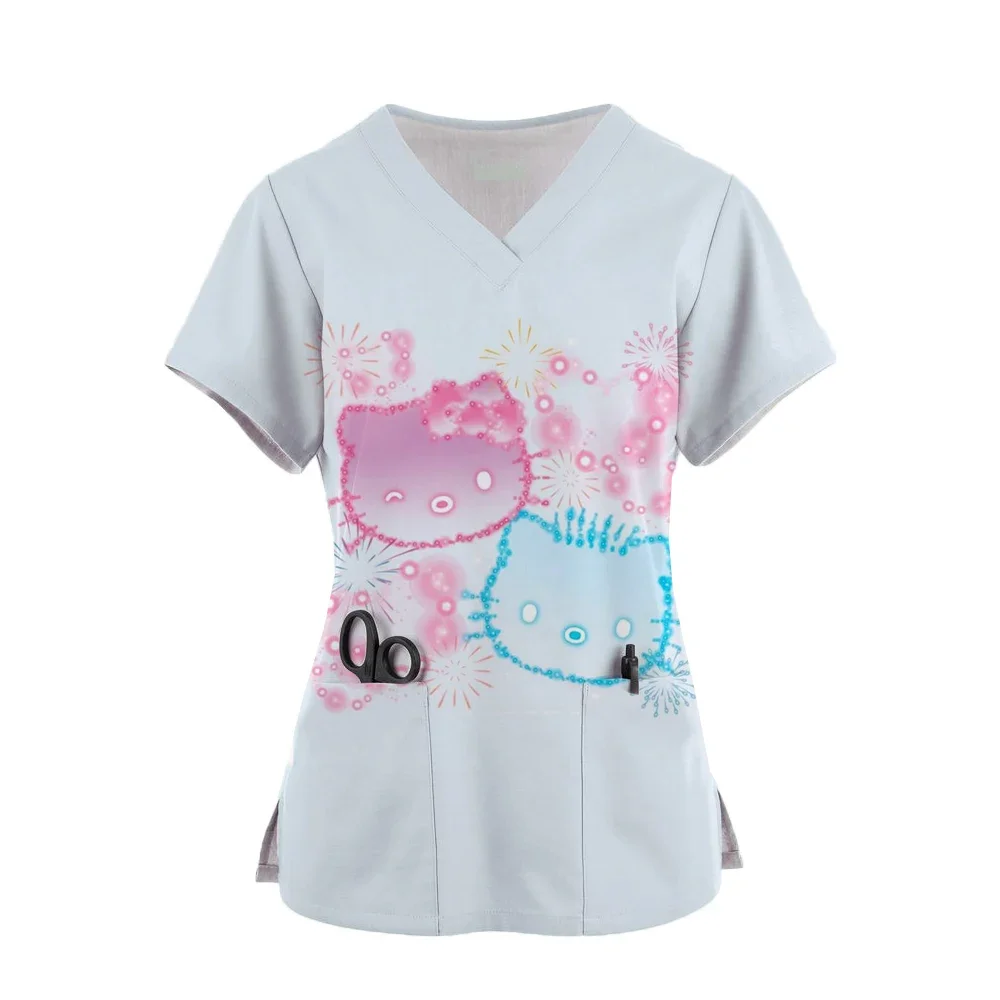 

Hello Kitty Printing Women's Nurse Uniform Summer Short Sleeve V Neck Female Tops Pocket Design Y2k Style Clothing for Ladies