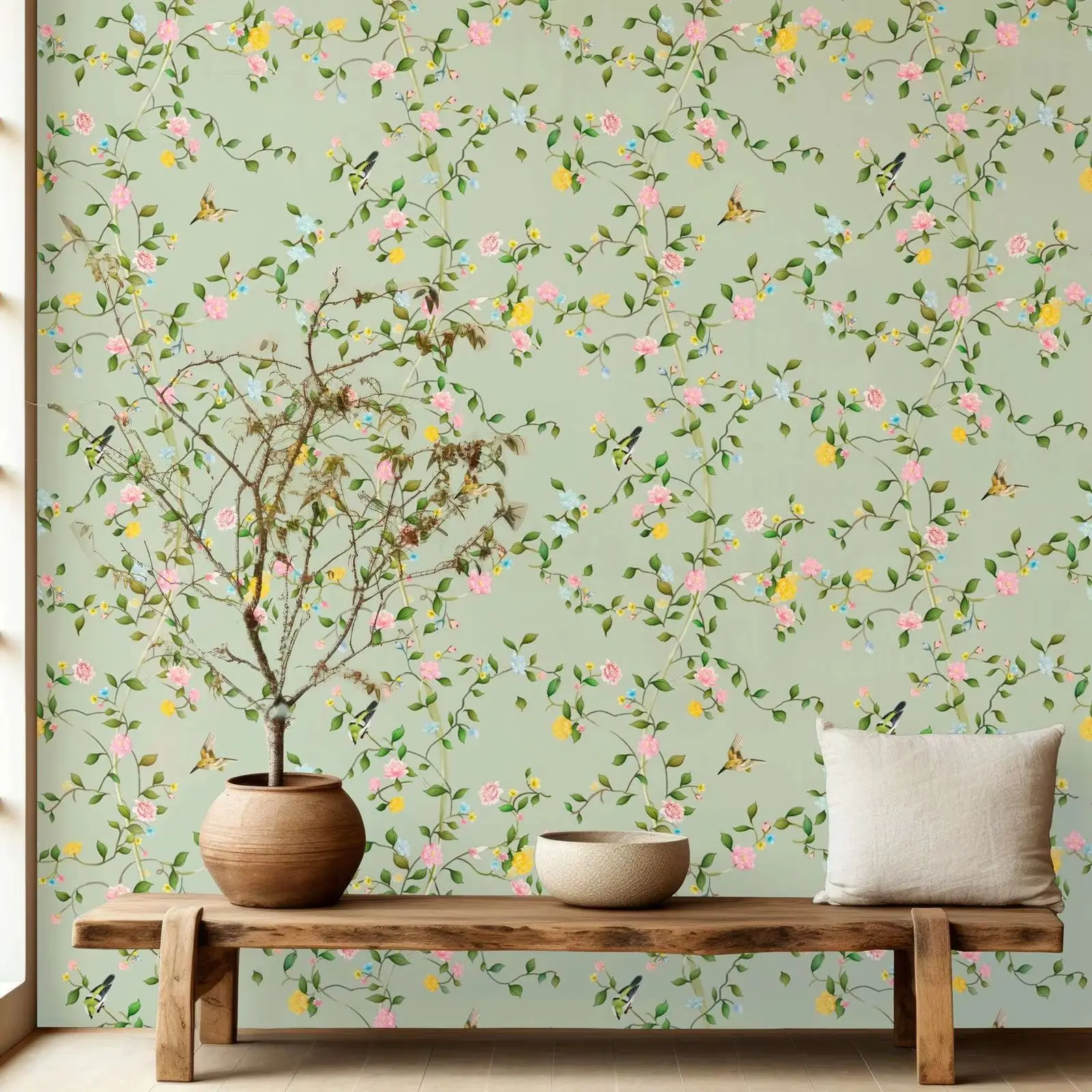 

Весенние цветочные обои Peel and Stick, нетканые/самоклеящиеся настенные обои с зелеными растениями, светло-зеленые фоновые обои