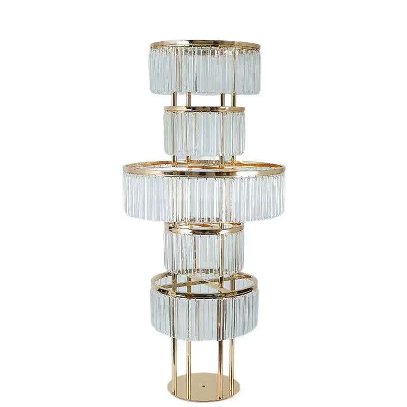 

4/6/10 Pcs Wedding Gold Vase Centerpiece Acrylic Flower Stand with Hanging Acrylic, 5 Tier Round Chandelier Base for Wedding