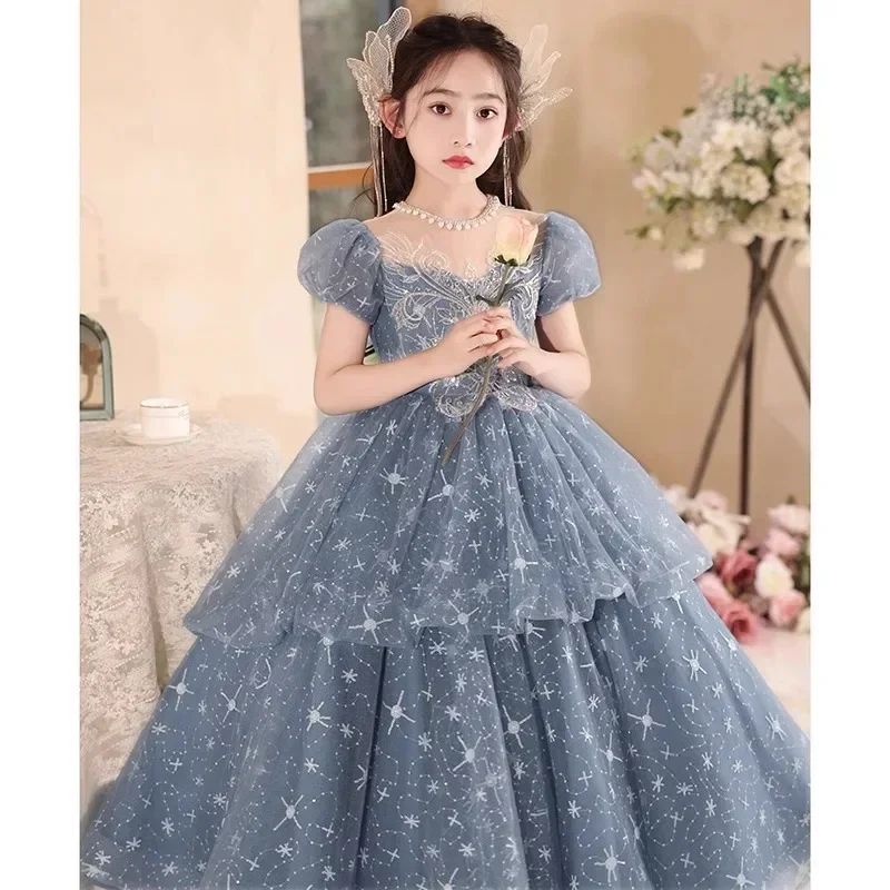 Flower Girl 2024 Spring New Bubble Sleeve Birthday Party Princess Piano Performance Dress