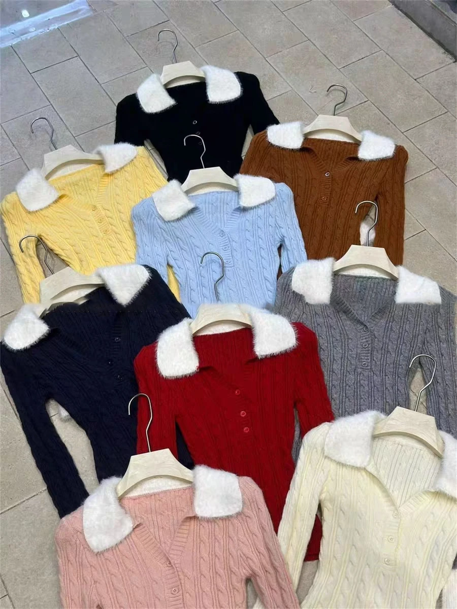 

Women's Autumn Winter Elegant Patchwork Color Long Sleeve Twisted Pattern Slim Sweater Lady Streetwear V Neck Basic Jumper Top