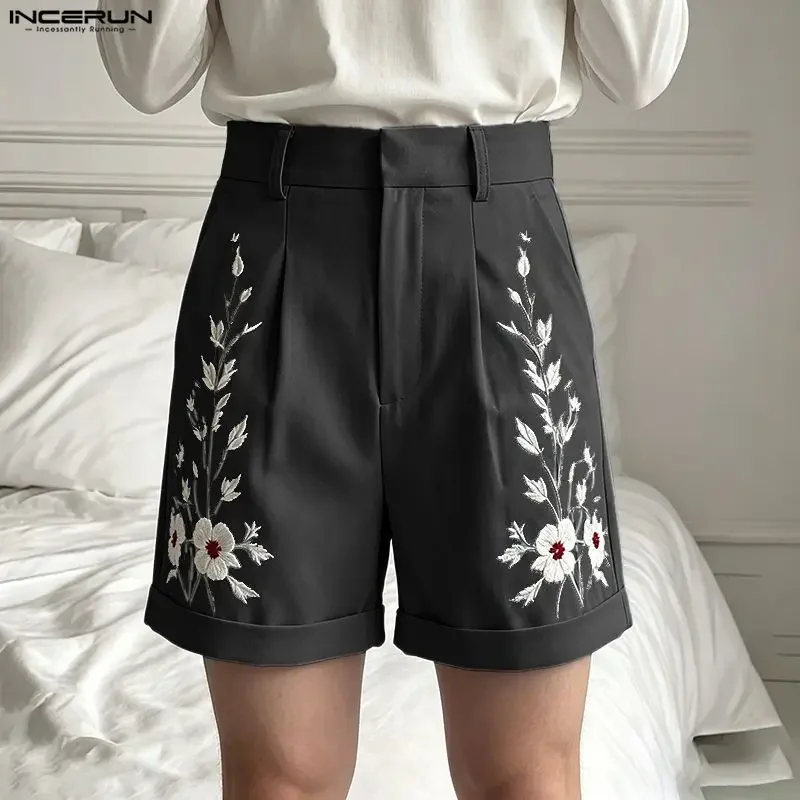 

INCERUN Men's Shorts Flower Embroidered Button Pockets Men Bottoms Streetwear 2026 Korean Style Fashion Casual Shorts For Man