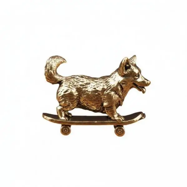 Compact Brass Skateboard Figurine Lively Corgi Dog Decoration Figure Tiny Art Piece for Home Office Table