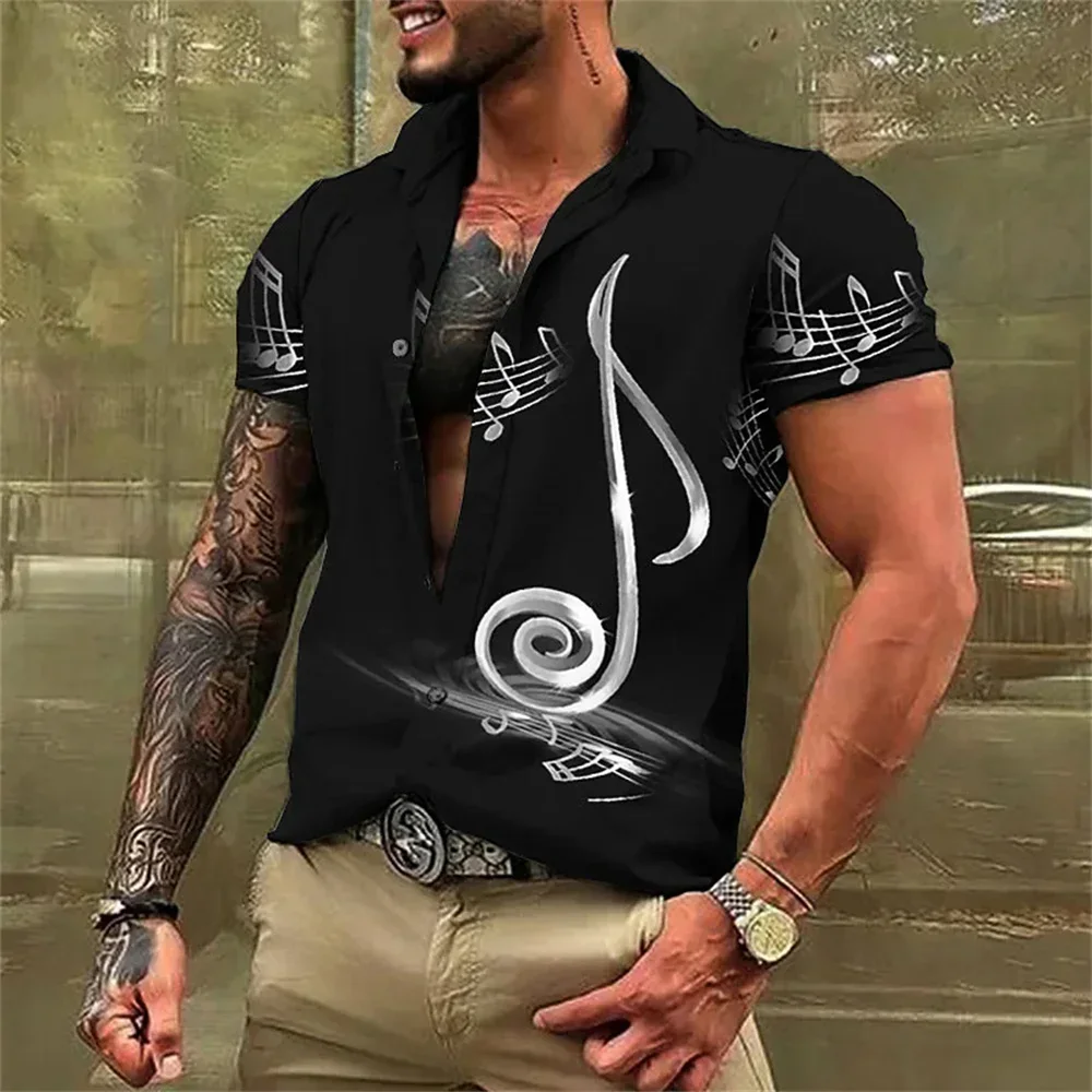 

2023 new short -sleeved music shirt lapel button printing seal Hawaiian shirt fashion social casual men's clothing top