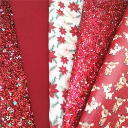 Fogli di pelle glitterata rossa vischio renne stampate in pelle sintetica pelle scamosciata finta pelle fogli artigianali fai da te Mini rotoli W354