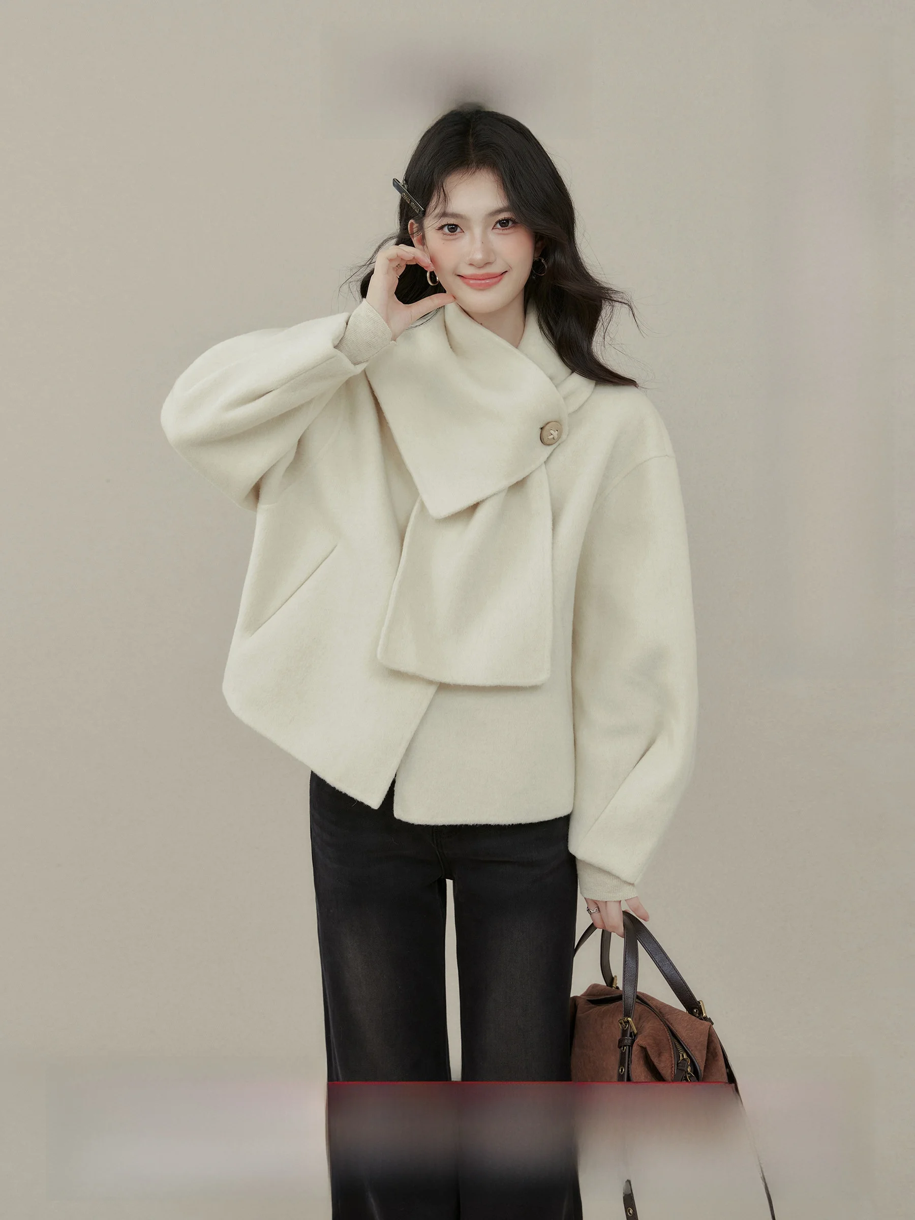 

Ele ort Woolen Coat for Women by Ou Yang Xi Winter Series Sli White Tweed Jaet Ladies Faion Outerwear
