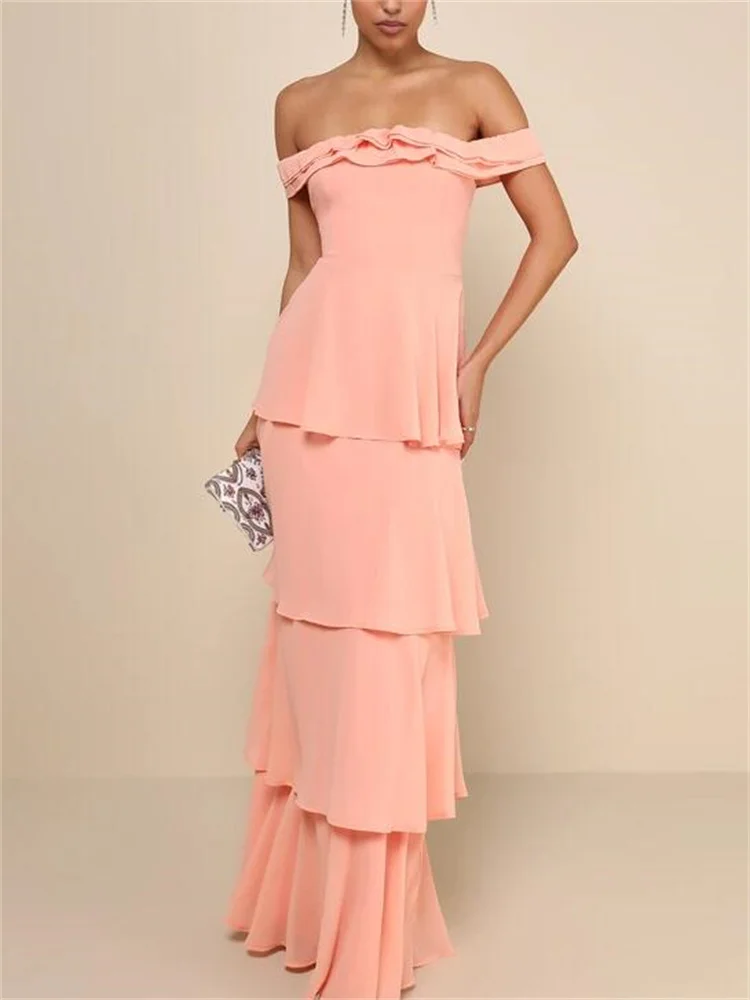 Peach Strapless Layered Maxi Dress Women's Aqua Wave Temperament Card Shoulder Bridesmaid Evening Gowns فساتين سهرة سعودي 2024