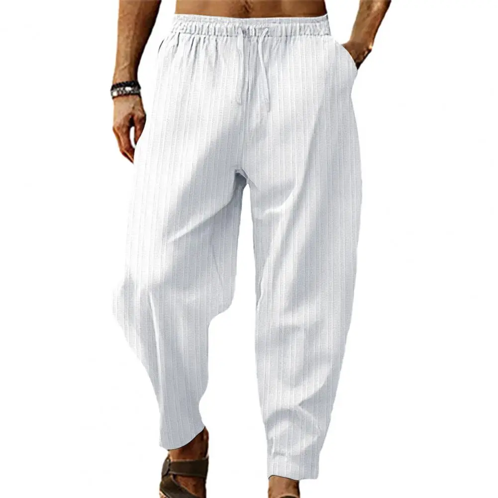 Mid Waist Trousers Comfortable Wide Leg Men\'s Sweatpants Elastic Waist Soft Breathable Fabric Striped Design for Sports Leisure