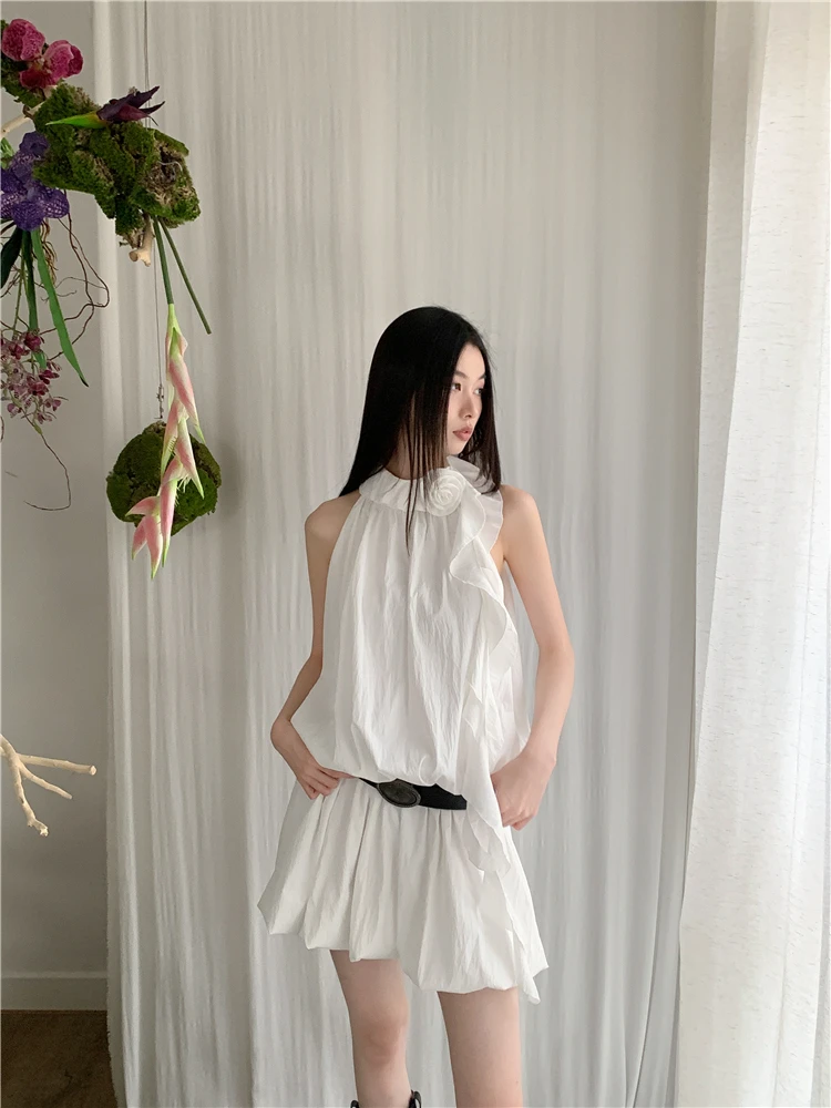 CHEERART White Ruffles Y2k Fashion Halter Dress 2024 Women Summer Sleeveless Bud Mini Short Dress Designer Clothes