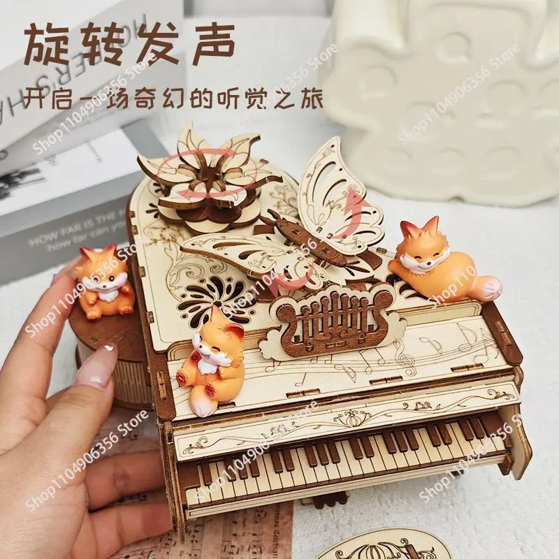Assemble wooden piano music box music DIY handmade creative female birthday building block assembly gift (not finished product)