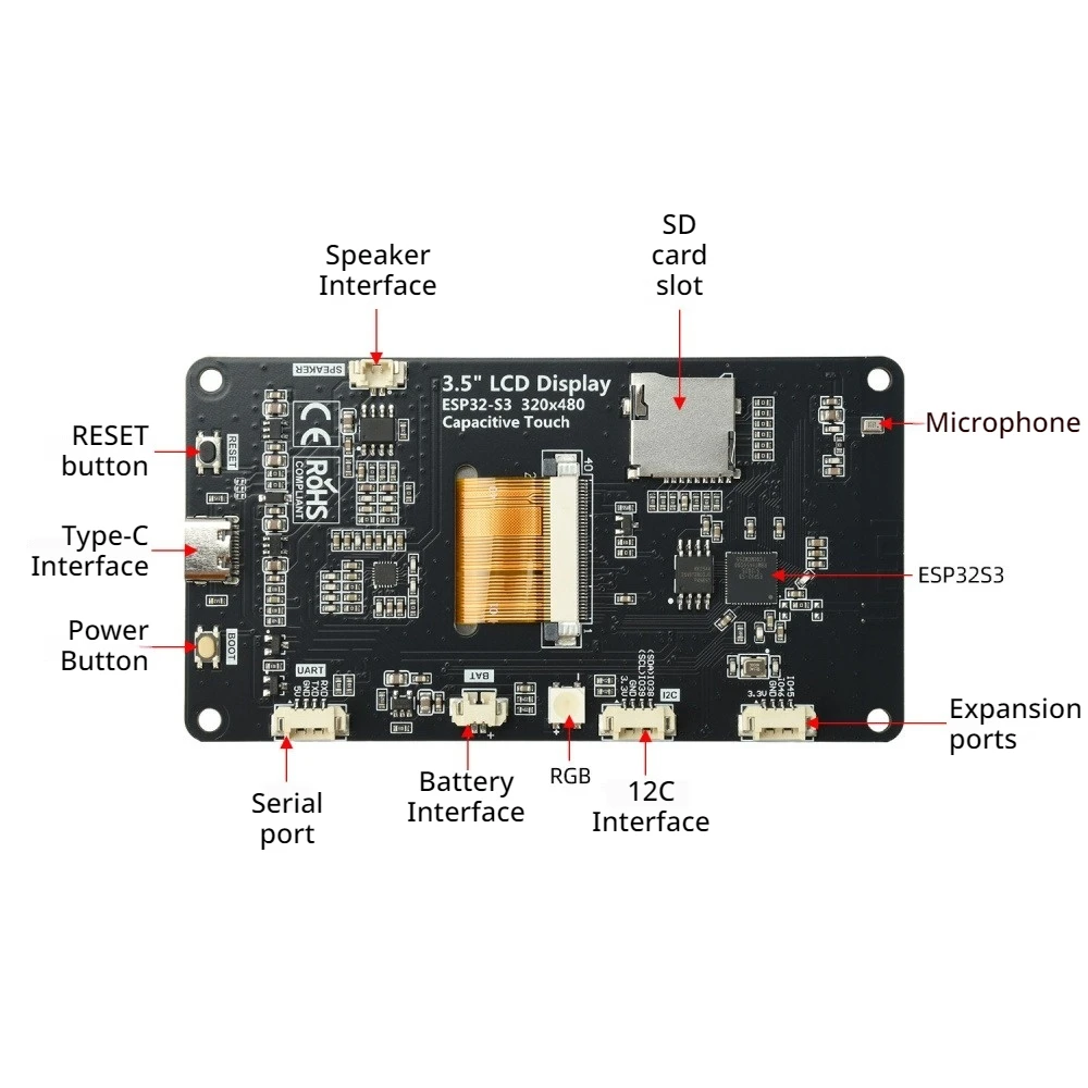 ESP32-S3 Development Board 3.5 Inch IPS Capacitive Touch Screen WiFi BT V5.0 Type-C AI Voice 320*480 RGB565 TFT LCD Module