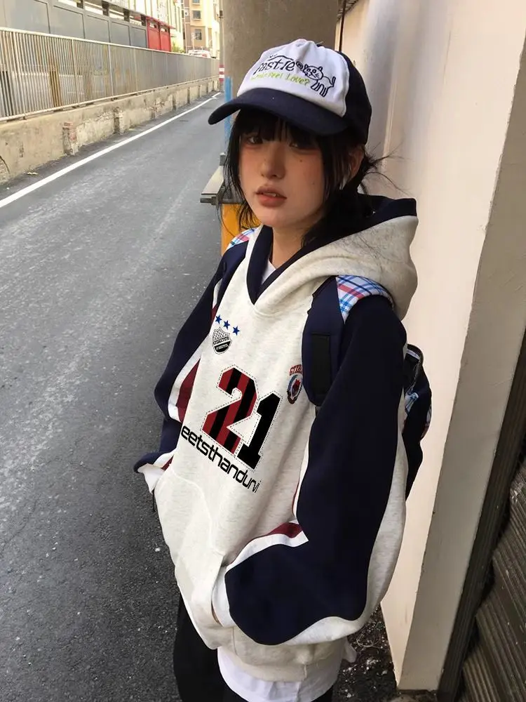 HOUZHOU Y2k Vintage Donna Felpe con cappuccio Oversize Harajuku Patchwork Felpe con cappuccio Coreano Stile Preppy Streetwear Casual Pullover