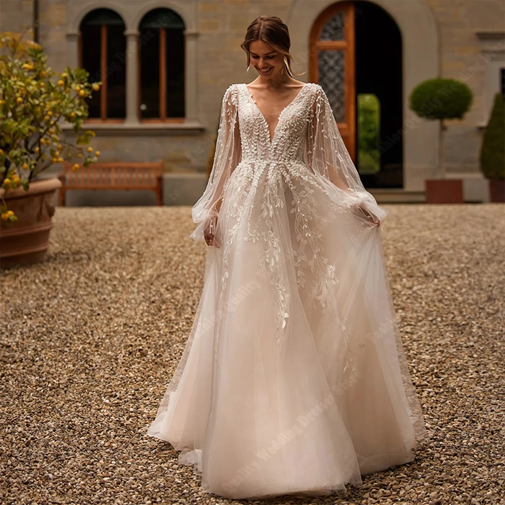 Vestidos de casamento com renda para mulheres, vestidos de noiva fofos, vestido puro de várias camadas, elegante decote em v, impressão sexy de renda, querida