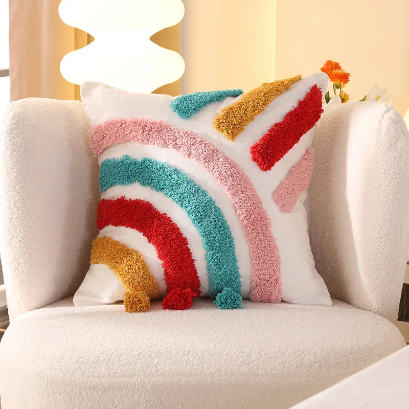 

Plush Tassels Rainbow Pillows Case Pillow Case Winter Throw Cushion Cover for Sofa and Bedside, Living Room Nordic Decorations